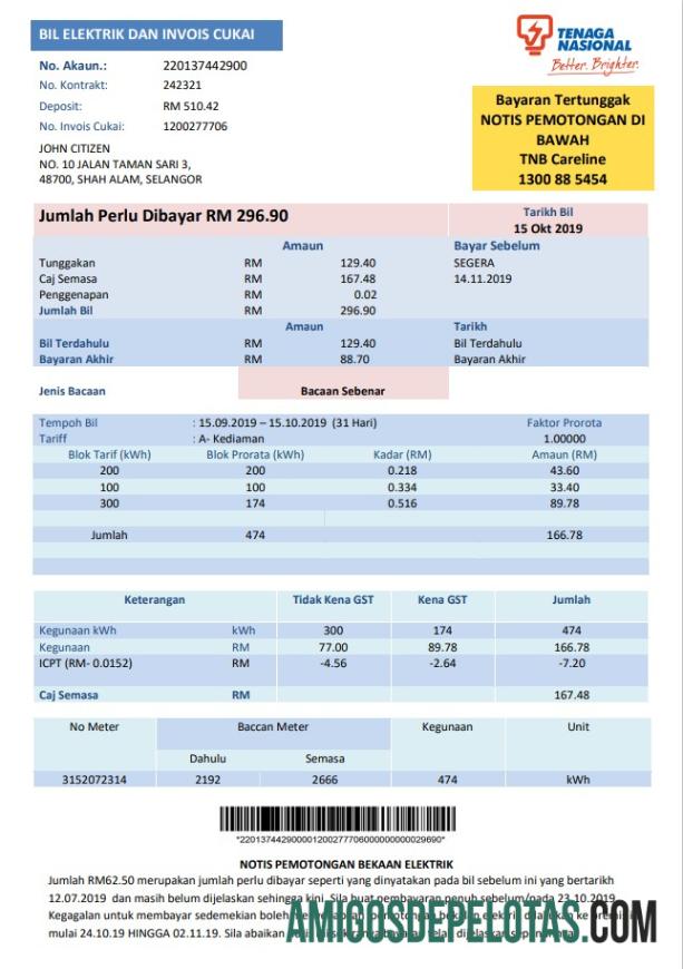 Em branco modelo de conta de serviços públicos de eletricidade e energia nacional da Malásia em formato Word e PDF